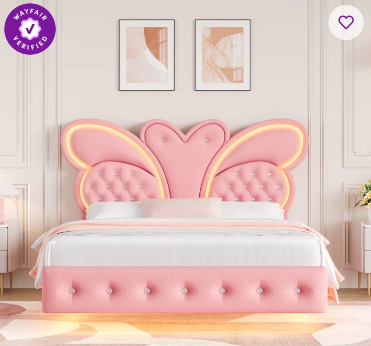 Butterfly Upholstered Floating Kid Bed With LED Light