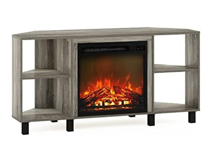 Furinno Jensen Corner Fireplace TV Stand with 4 Open Compartments for TV up to 55 Inches, French Oak Grey