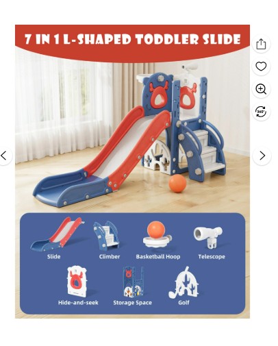 Korimefa 7-in-1 Toddler Slide Set with Golf, Basketball Hoop, Kids Slide for Toddlers Age 1-4, Climber Slip and Slides, Baby Outdoor Toys