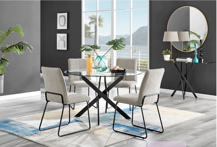 Tierra Sleek Metal and Glass 4 Seat Round Dining Table Set with 4 Luxury Fabric Dining Chairs