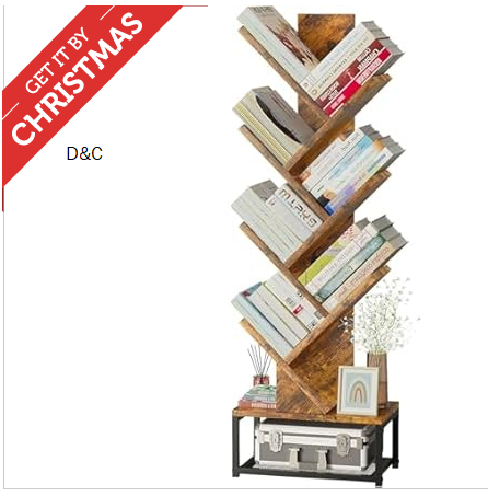 EasyCom Tree Bookshelf Metal Base, 7 Tier Bookcase Storage, Floor Standing Bookshelf Organizer for Movies/CDs/Books, Wood Book Storage Rack for Bedroom/Living Room/Home Office (Brown)