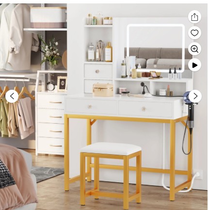 Satifur Vanity Set with Light & Mirror, Makeup Table with Outlet, Drawers & Stool for Women