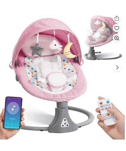 Baby Swing for Infants – Bluetooth APP Remote Bluetooth Control, Baby Swing Chair Cordless 5 Speed Settings, 12 Lullabies, 3 Timer, 3 Angle, Cordless, USB Plug (Pink)