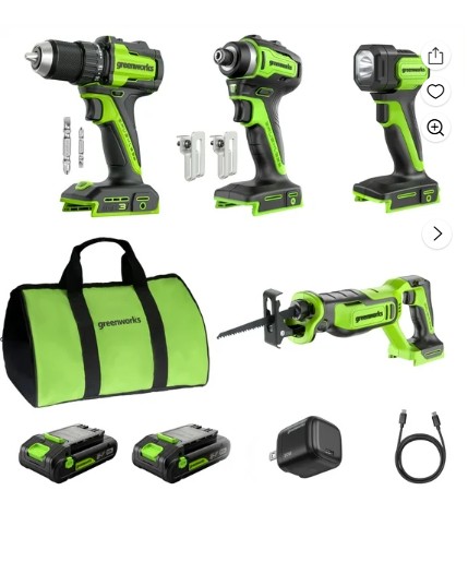 Greenworks 24V Brushless 4-Piece Power Tool Combo Kit with (2) 2.0Ah USB-C Batteries and 30W USB-C Charger