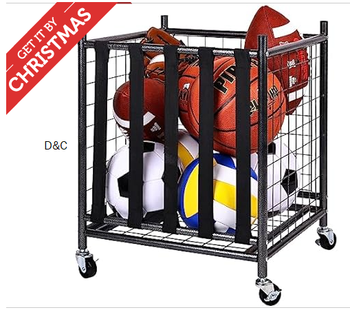 Signature Fitness Garage Sports Equipment Organizer, Garage Ball Storage, Sports Gear Storage, Garage Organizer with Baskets and Hooks, Rolling Sports Ball Storage Cart, Black, Steel