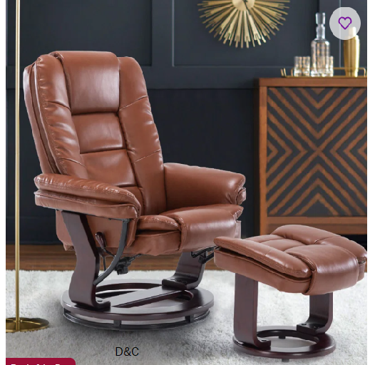 32″ Contemporary Leather Recliner and Ottoman with Swiveling Mahogany Wood Base