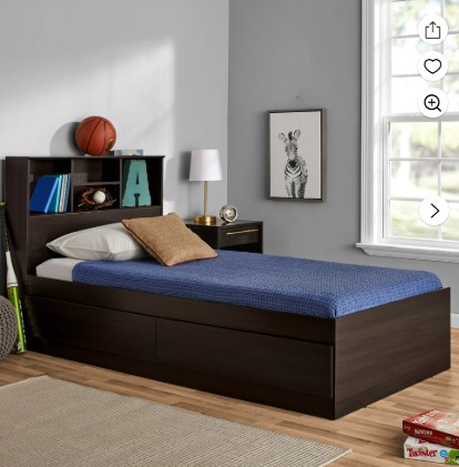 Your Zone Easy to Assemble Storage Bed with Bookcase Headboard, Twin, Espresso Finish