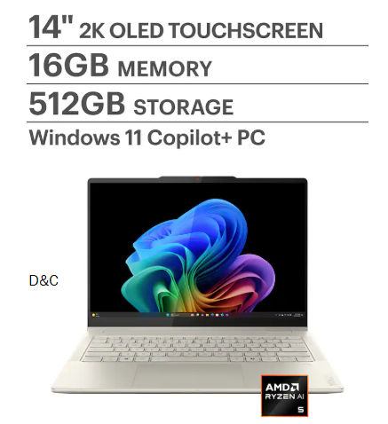 Lenovo – Yoga 7 2-in-1 – Copilot+ PC – 14″ 2K OLED Touchscreen Laptop – AMD Ryzen AI 5 340 2025 – 16GB Memory – 512GB SSD – Seashell