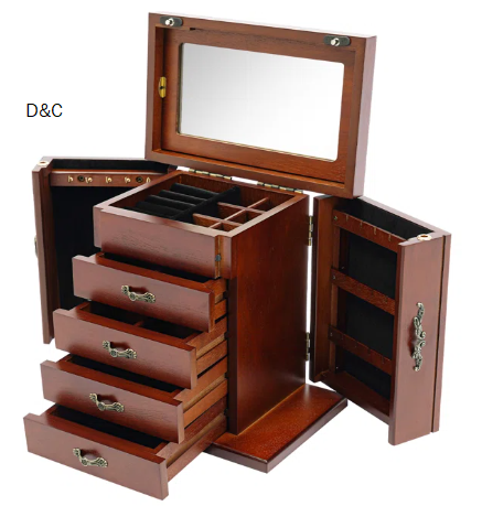 5 Layers Portable Wooden Jewelry Storage Box with Mirror and 2 Swing-Out Cabinets
