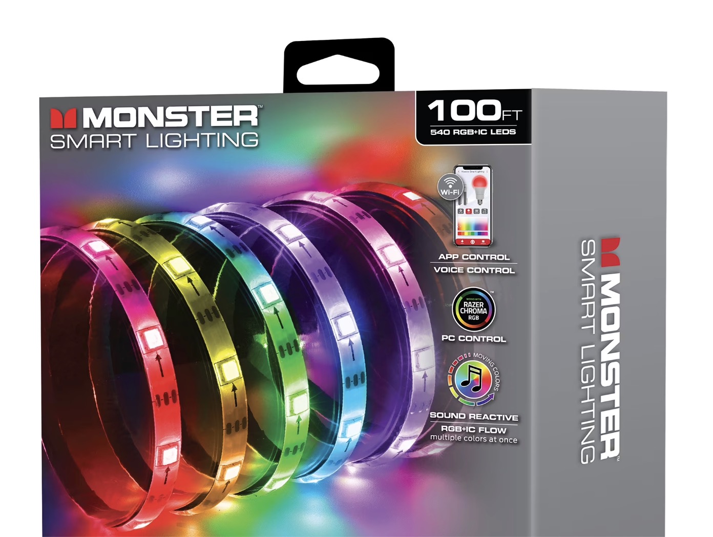 Monster Smart Lighting Indoor LED Strip Lights, RGBIC Multicolor Flow LED Lights, for Christmas, Halloween, Party, Gameday and More, 100’