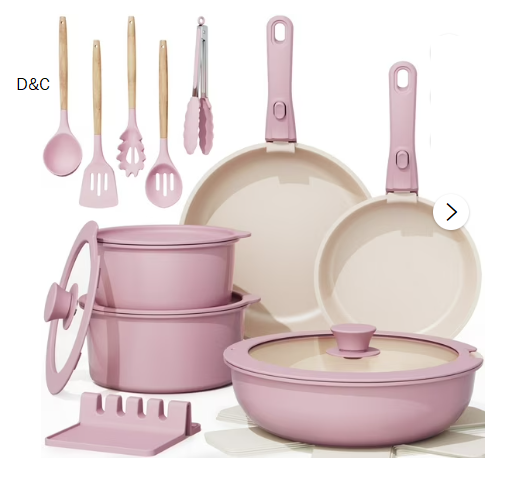 Astercook 20-Piece Ceramic Pots and Pans Set, Nonstick Cookware Set with Detachable Handles, Oven Safe to 480°F, Induction Compatible, Stackable RV Kitchen Cooking Set, Pink