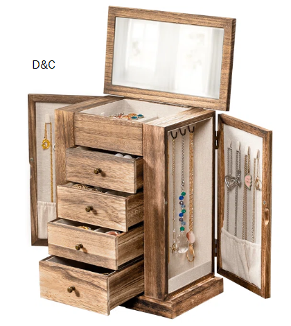 Djerid Jewelry Box, 5 Layer Large Wood Jewelry Boxes For Necklaces Earrings Rings Bracelets, Rustic Wooden Jewelry Organizer Box With 4 Drawers And Mirror