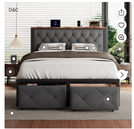 iPormis Queen Bed Frame with 2 Drawers, Metal Platform Bed with Charging Station and Linen Fabric Storage Headboard ,Gray