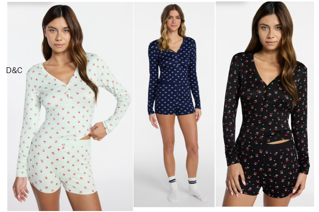 No Boundaries Giftable Henley Sleep Top and Shorts with Socks Set, 3-Piece, Women’s