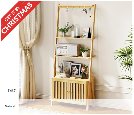 4-Tier Bamboo Bookshelf Ladder Shelf with 6 Hooks, Tall Narrow Retro Book Shelf