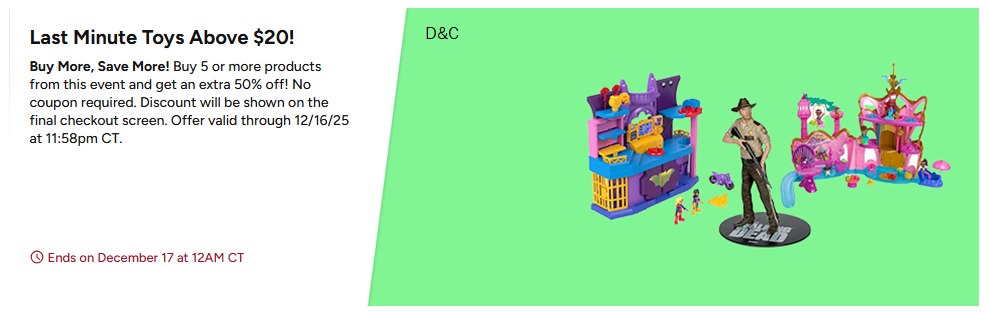 Add 5 toys and extra 50% off at check out