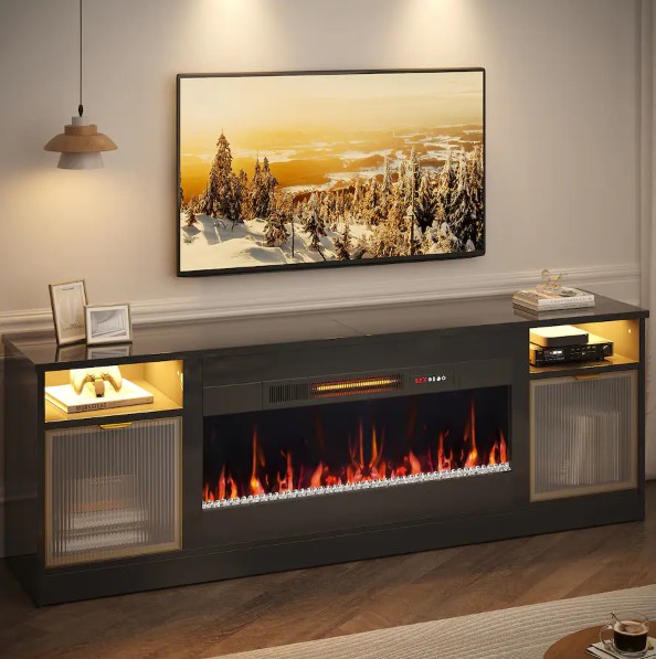 Bestier – 70″ Electric Fireplace Gaming TV Stand Entertainment Center for TVs up to 80″with LED Lights & Storage Cabinets – Black