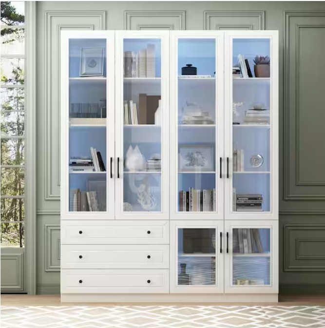 78.7 in. Tall White Paint Finish Wood 10-Shelf Accent Bookcase with Glass Doors, LED Lights, Drawers, Adjustable Shelves