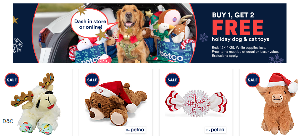 Buy 1 Get 2 Free Holiday Dog and Cat Toys at Petco