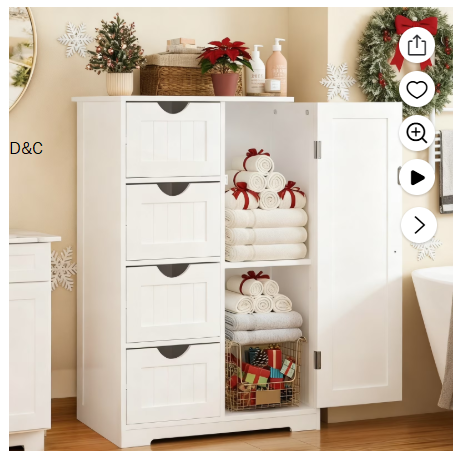 Ktaxon Wooden Bathroom Floor Cabinet, Side Storage Organizer with 4 Drawers, 1 Cupboard & 2-Shelves, White