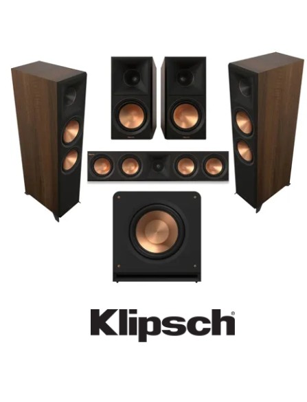 Klipsch Reference Premiere RP-8000F II 5.1 Home Theater Pack, Bundle with 2x RP-8000F II 8″ Floorstanding Speaker, RP-504C II Center Channel Speaker, 2x RP-600M II Bookshelf Speaker, RP-1200SW 12″ Subwoofer, Walnut