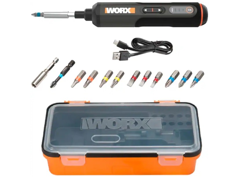 WORX – 4V 3-Speed Compact Screwdriver with 12 Accessory Bits, Dual LED Lights, and 3 Gear Torque – Black