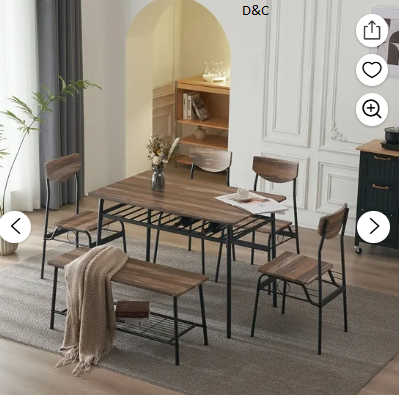 Ktaxon 6-Piece Dining Room Set Modern Kitchen Table Set with 4 Chairs and 1 Bench, Dining Table for 6 with Metal Frame Natural color