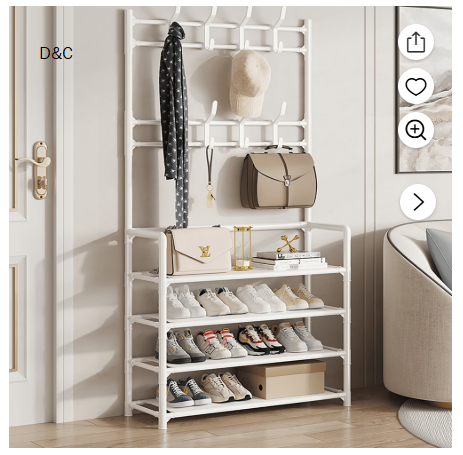 HioHa Coat and Shoe Rack, Hall Tree for Entryway with 4-Tier Storage Shelves,Storage Organizer with 8 Hooks for Bedroom, Hallway, Office, White