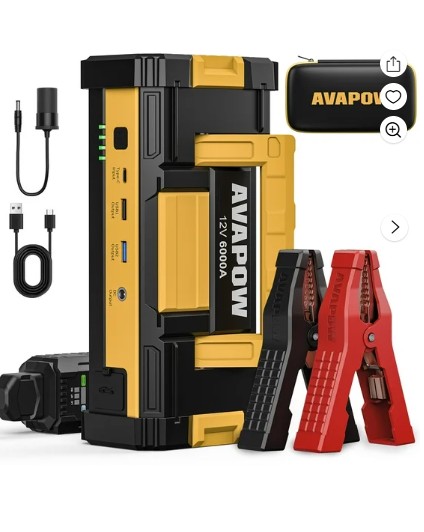 AVAPOW 6000A Car Battery Jump Starter, Portable Car Jump Starter with Dual USB Quick Charge and DC Output, 12V Jump Pack with Built-in LED Bright Light, Yellow