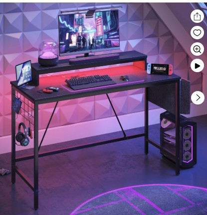 Bestier 41.7 inch Gaming Desk with LED Monitor Stand, Storage Pocket, Grid Side Frame, for Gaming Room and Home Office, Carbon Fiber Black