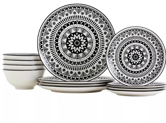 Tabletops Unlimited Black Pad Print 12 Pc. Dinnerware Set, Service for 4