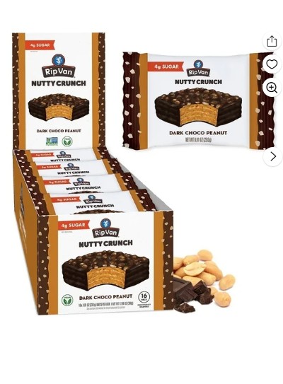 Rip Van Nutty Crunch Dark Chocolate Peanut Butter Wafers – Low Sugar Baked Snacks – 16 pack