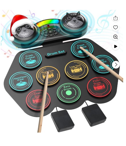 Ficcug Electronic Drum Set for Kids Adults,9 Pads Portable MIDI Roll-up Drum Kit with Dual Speakers / Headset Jack / Drumsticks / Foot Pedals,for Beginners