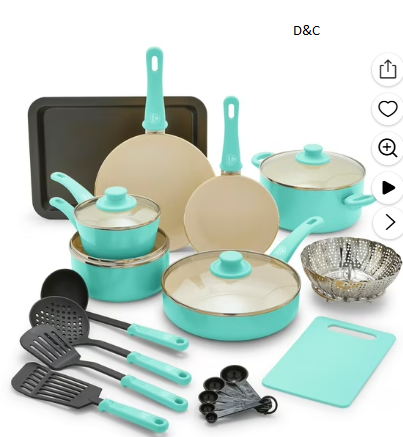 GreenLife 18-Piece Ceramic Nonstick Cookware Set, Dishwasher Safe, Soft Grip Handles, Turquoise