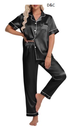 DAKIMOE Silk Satin Pajamas Set for Women Two-Piece Short Sleeve Shirt with Long Pajama Pant Set 