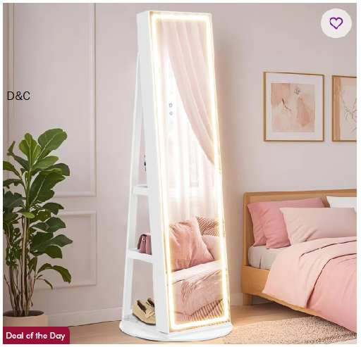 LED Mirror Jewelry Cabinet Standing, Lockable Jewelry Armoire with Full-Length Mirror and Adjustable LED Lights