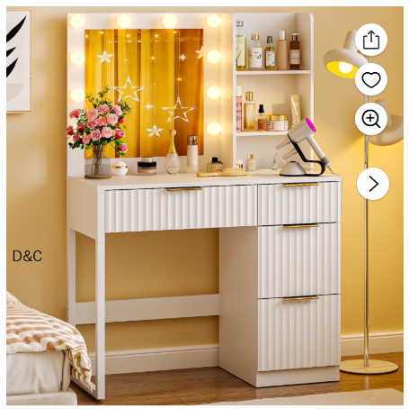 Ktaxon Lighted Makeup Vanity Table, White Dressing Desk with Charging Station, White