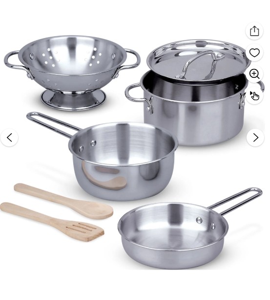 Melissa & Doug Stainless Steel Pots and Pans Pretend Play Kitchen Set for Kids with Wooden Utensils (8 Pcs)