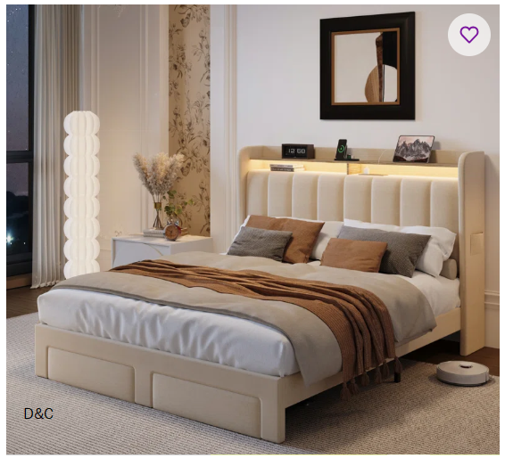 Upholstered Platform Bed Frame With Wingback Design Headboard,Charging Station,LED Lights And 2 Storage Drawers