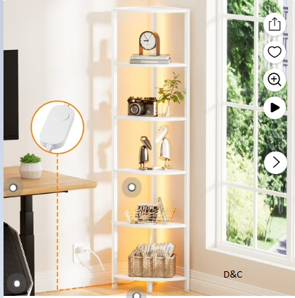Satifur Corner Shelf Bookcase with LED Light Strip, 6-Tier Corner Bookshelf for Living Room,Bedroom,White