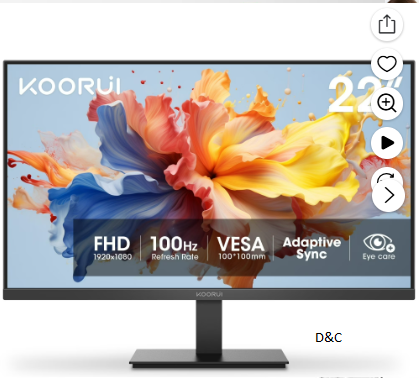 KOORUI 22″ FHD 100 Hz Computer Monitor, PC Monitor with Adaptive-Sync, E2212F, New