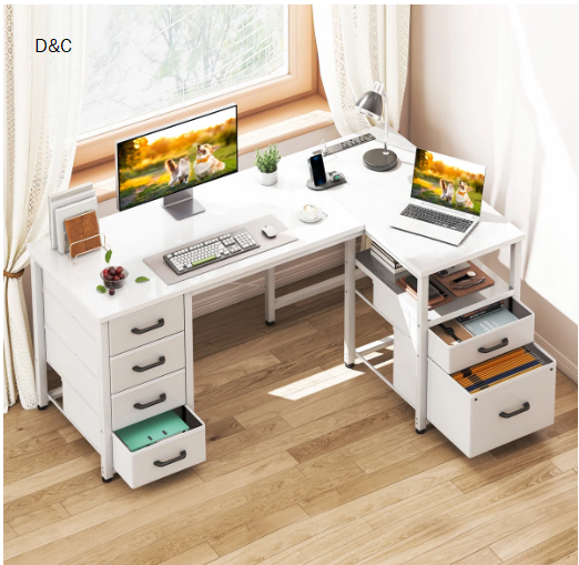 L-shaped Desk With 5-tier Under-desk Drawers,reversible Desk With Large Cabinet, Writing Desk With Power Outlets, Home Office Desk With Cpu Stand