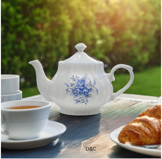 Quiana 37-oz porcelain teapot with lid, floral embossed & sterling silver trim