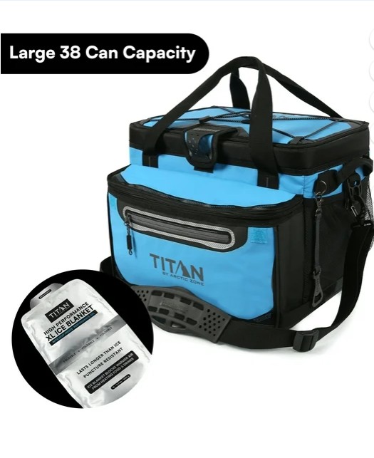 Titan by Arctic Zone 38-Can 25-Quart Iceless Zipperless Soft Cooler with Ice Blanket, Bright Blue