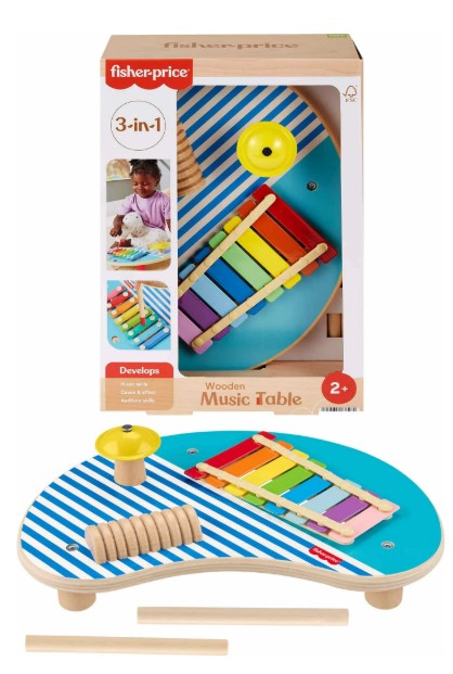 Fisher-Price Wooden Toy Musical Table with Percussion Instruments for Toddler Role Play, 3 Wood Pieces