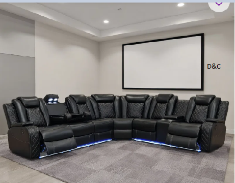 3-Pieces 210”Breathing Leather Power Reclining Theater Sectional,LED Lighting (Set of 3)