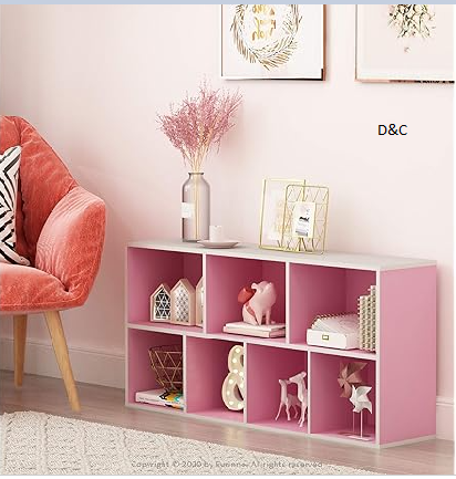 Furinno LUDER Book Shelf, 7-Cube Bookshelf, Bookcase, 9.4″ x 19.5″ x 41.7″, for Living Room, Bedroom, Home Office, White/Pink