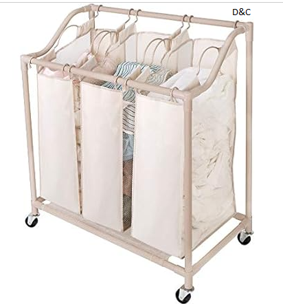 Smart Design Deluxe Rolling Triple Compartment Laundry Sorter Hampers with Wheels