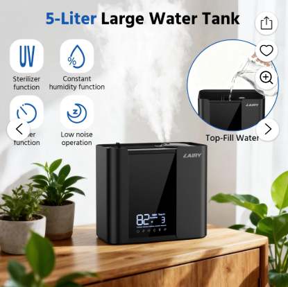 Lairy 5L Humidifiers for Bedroom, Smart Cool Mist for Large Room, 8H Timer Quiet Runtime for Baby, Plant, Black