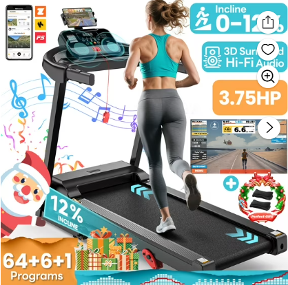 3.75HP Treadmill 300lb Capacity, Incline Folding Treadmill, 64+7 Smart Program, 7.5MPH Speed